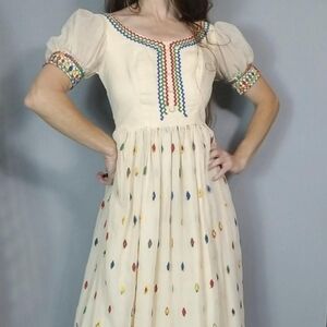 Vintage 60s Bohemian Peasant Dress with Colorful Embroidery